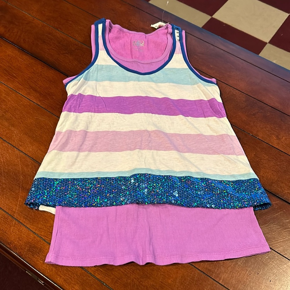 NWT Justice Retail Store Layered Striped Tank Sequins Purple Blue Size 18